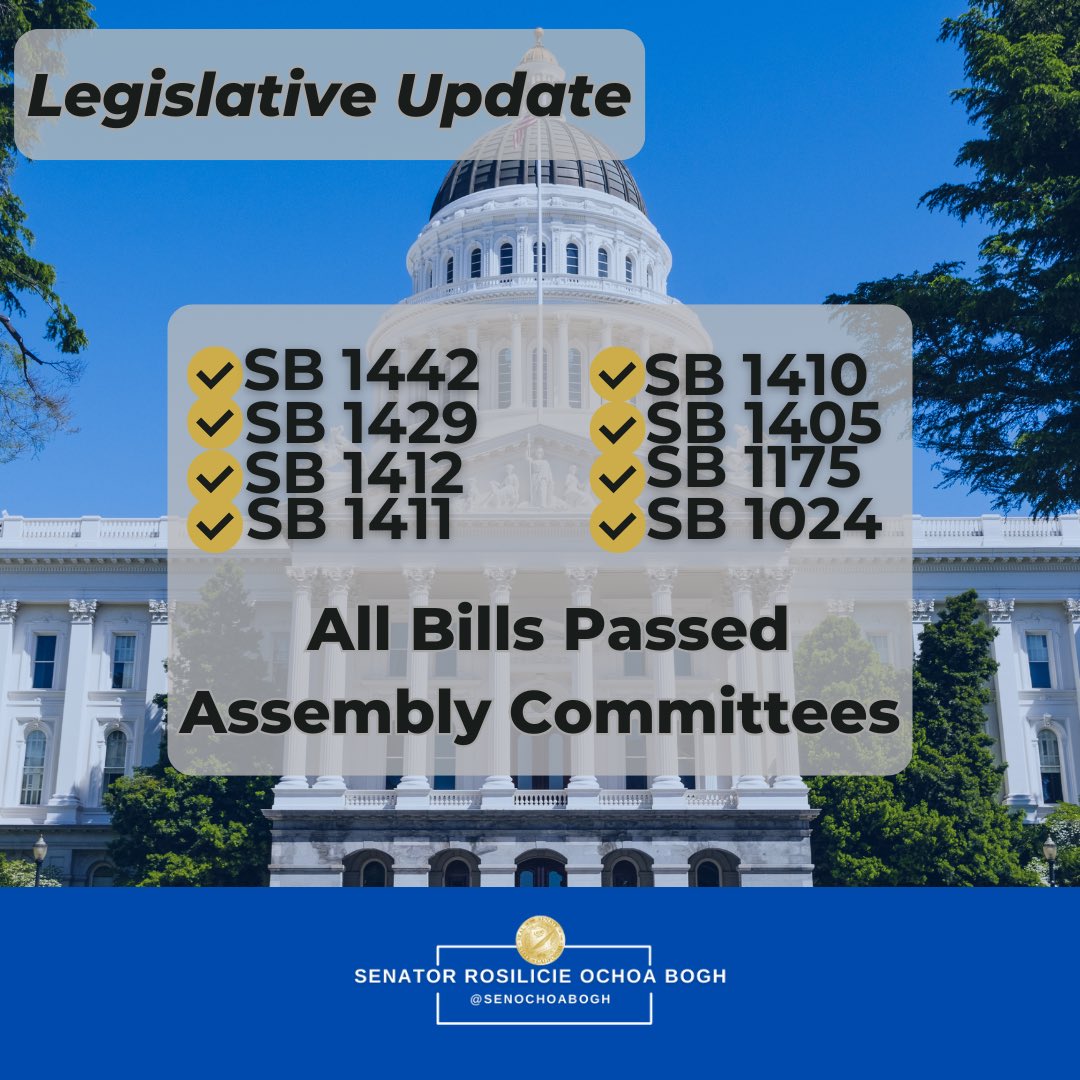 SenOchoaBogh's tweet photo. It's been a busy couple of weeks at the #StateCapitol! I'm thrilled to announce that eight of my bills have passed Assembly Committees this week: #SB1024, #SB1175, #SB1405, #SB1410, #SB1411, #SB1412, #SB1429, #SB1442. https://t.co/wRzuzu9pem