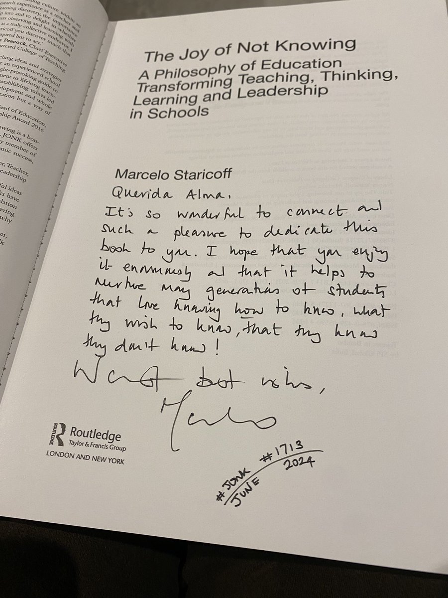 WOWZERS🔥
#JONK
My new favourite thought provoking leadership book
(A toolkit of strategies, research, case studies for those working with CYP &amp; as lifelong learners developing thinking, leadership and learning across education
The Joy Of Not Knowing #JONK
Thank you🙏
<a href="/MStaricoff/">Marcelo Staricoff FCCT, NPQH, PhD</a>