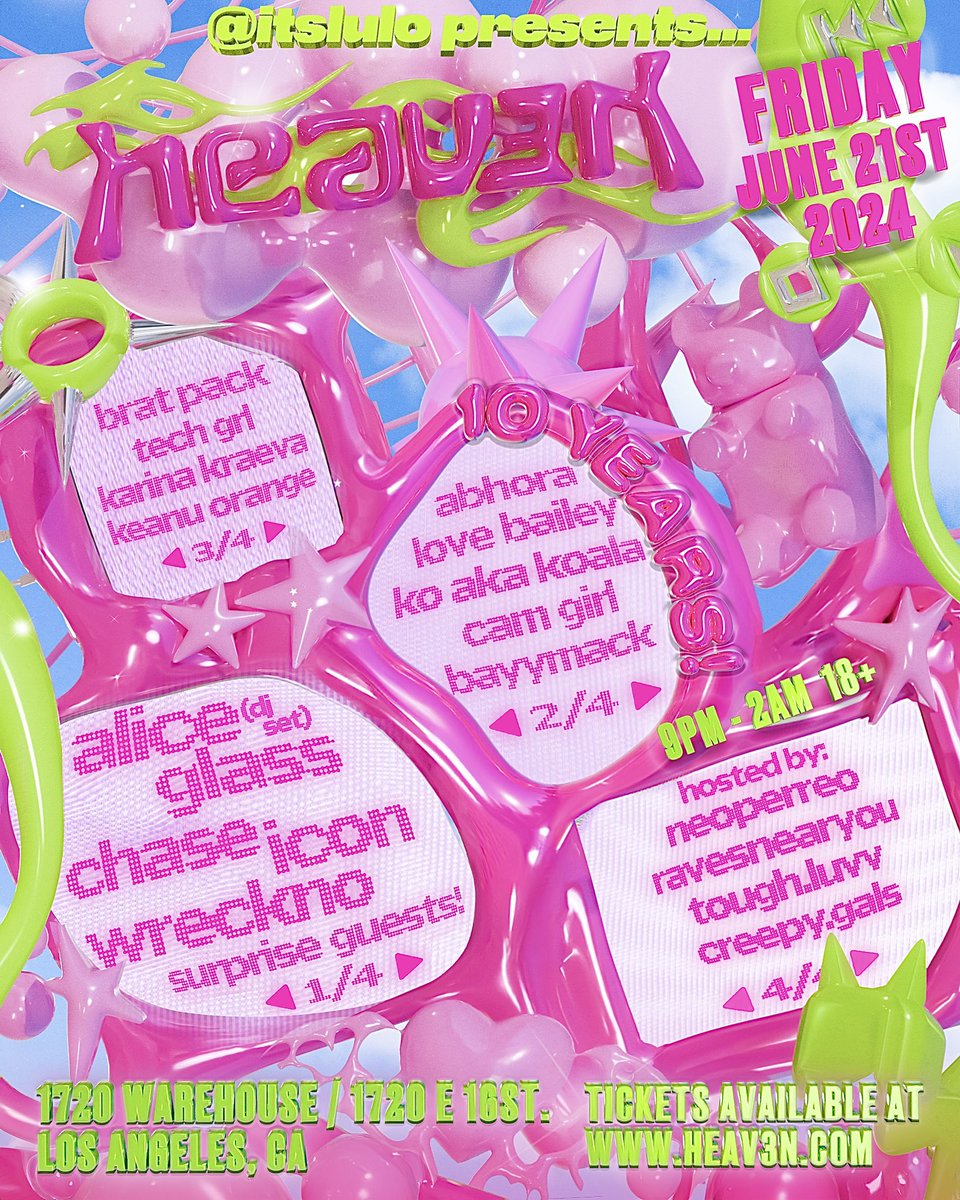 HEAV3N (@heav3nparty) on Twitter photo 🩷💚 FRIDAY JUNE 21ST! HEAV3N 10 YR PARTY!! ☁️ Join us in the clouds w sets by <a href="/ALICEGLASS/">ALICE GLASS</a> , <a href="/chaseicon/">CHASE ICON</a>, <a href="/wreckno/">Wreckno 🦋</a> + some surprise performers!! ;) ☁️ Tix available at heav3n.com 💚🩷 🩷💚 FRIDAY JUNE 21ST! HEAV3N 10 YR PARTY!! ☁️ Join us in the clouds w sets by <a href="/ALICEGLASS/">ALICE GLASS</a> , <a href="/chaseicon/">CHASE ICON</a>, <a href="/wreckno/">Wreckno 🦋</a> + some surprise performers!! ;) ☁️ Tix available at heav3n.com 💚🩷
