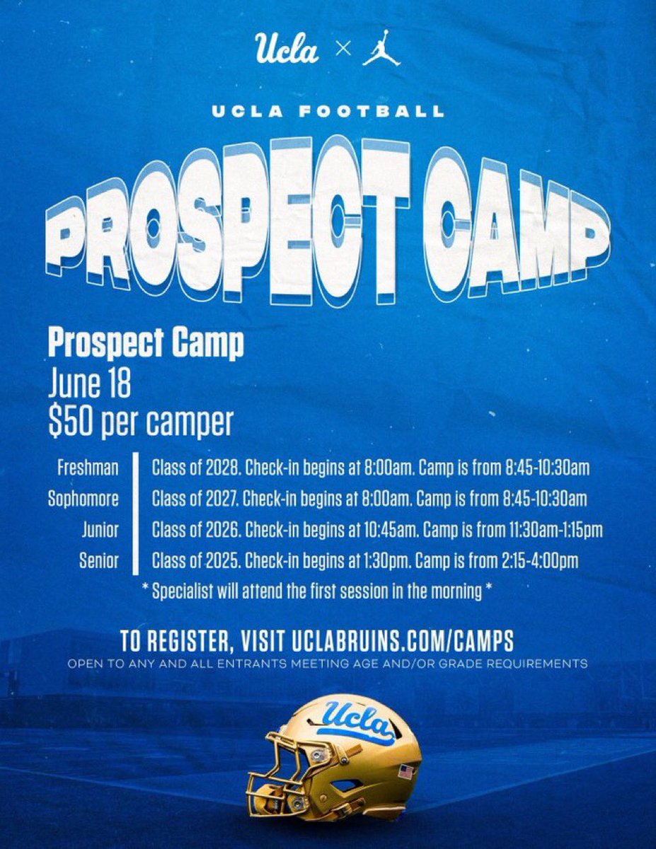 I will be attending the <a href="/UCLAFootball/">UCLA Football</a> camp tomorrow morning can’t wait to show what I can do <a href="/lem_adams/">Lem Adams</a> <a href="/BrandonHuffman/">Brandon Huffman</a>