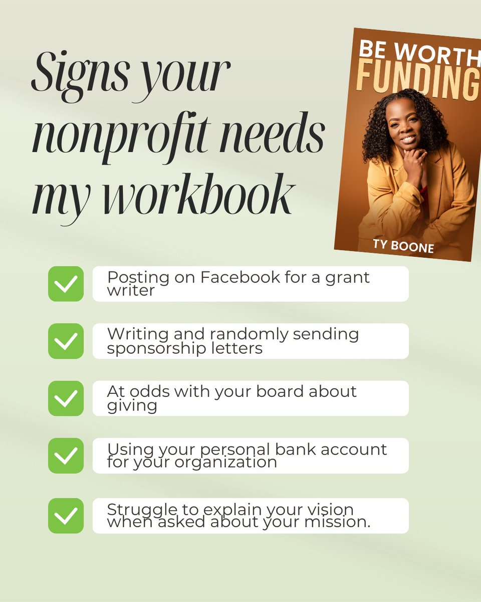 TyBConsulting's tweet photo. My workbook is designed to help you navigate these challenges and achieve nonprofit success! 🌟 
Get your copy today and start building a stronger, more organized foundation.

https://t.co/zDR4PZyCl3 https://t.co/VTeswPWzZy