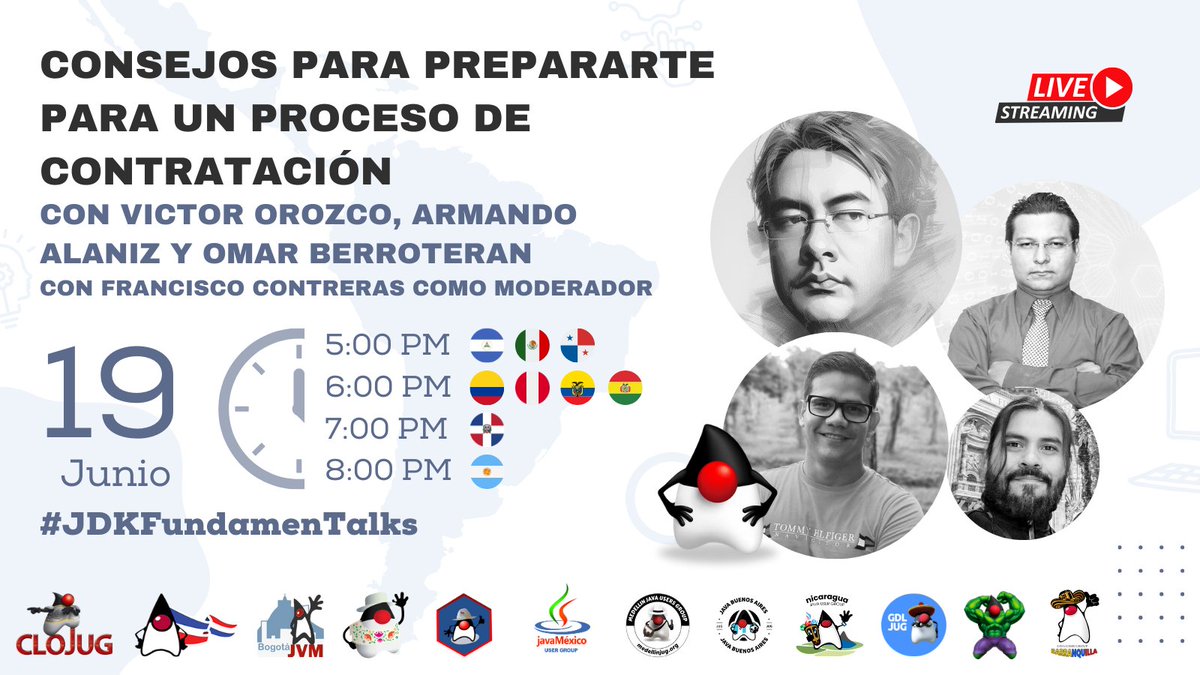 Barranquilla JUG 🇨🇴 (@jugbaq) on Twitter photo 📢 ¡Consejos clave en procesos de contratación con <a href="/tuxtor/">Víctor Orozco</a>, <a href="/armalagon83/">Armando Alaniz</a> y <a href="/berroteranlkf/">Omar Berroterán (Nadie)</a>, moderados por <a href="/Frank_JCG/">Francisco Contreras 🇳🇮</a>! 🚀
🗓️ 19 de Junio | 🕔 6 PM GMT-5
👉 En vivo: youtube.com/watch?v=ATRMhW…
#jugEvents #javaLatam #javaComunidad #latam 📢 ¡Consejos clave en procesos de contratación con <a href="/tuxtor/">Víctor Orozco</a>, <a href="/armalagon83/">Armando Alaniz</a> y <a href="/berroteranlkf/">Omar Berroterán (Nadie)</a>, moderados por <a href="/Frank_JCG/">Francisco Contreras 🇳🇮</a>! 🚀
🗓️ 19 de Junio | 🕔 6 PM GMT-5
👉 En vivo: youtube.com/watch?v=ATRMhW…
#jugEvents #javaLatam #javaComunidad #latam