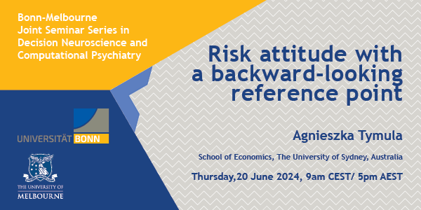 Centre for Brain, Mind and Markets (@unimelb_cbmm) on Twitter photo Join us at 9am CEST/5pm AEST Thursday 20 June for the next in the Bonn-Melbourne Seminar Series in Decision Neuroscience and Computational Psychiatry with <a href="/AgnieszkaTymula/">Agnieszka Tymula</a>!
<a href="/BusEcoNews/">Business & Economics UniMelb</a> <a href="/USydneyEcon/">Uni of Sydney Economics</a> <a href="/UniBonn/">Rheinische Friedrich-Wilhelms-Universität Bonn</a> go.unimelb.edu.au/e2o8 Join us at 9am CEST/5pm AEST Thursday 20 June for the next in the Bonn-Melbourne Seminar Series in Decision Neuroscience and Computational Psychiatry with <a href="/AgnieszkaTymula/">Agnieszka Tymula</a>!
<a href="/BusEcoNews/">Business & Economics UniMelb</a> <a href="/USydneyEcon/">Uni of Sydney Economics</a> <a href="/UniBonn/">Rheinische Friedrich-Wilhelms-Universität Bonn</a> go.unimelb.edu.au/e2o8