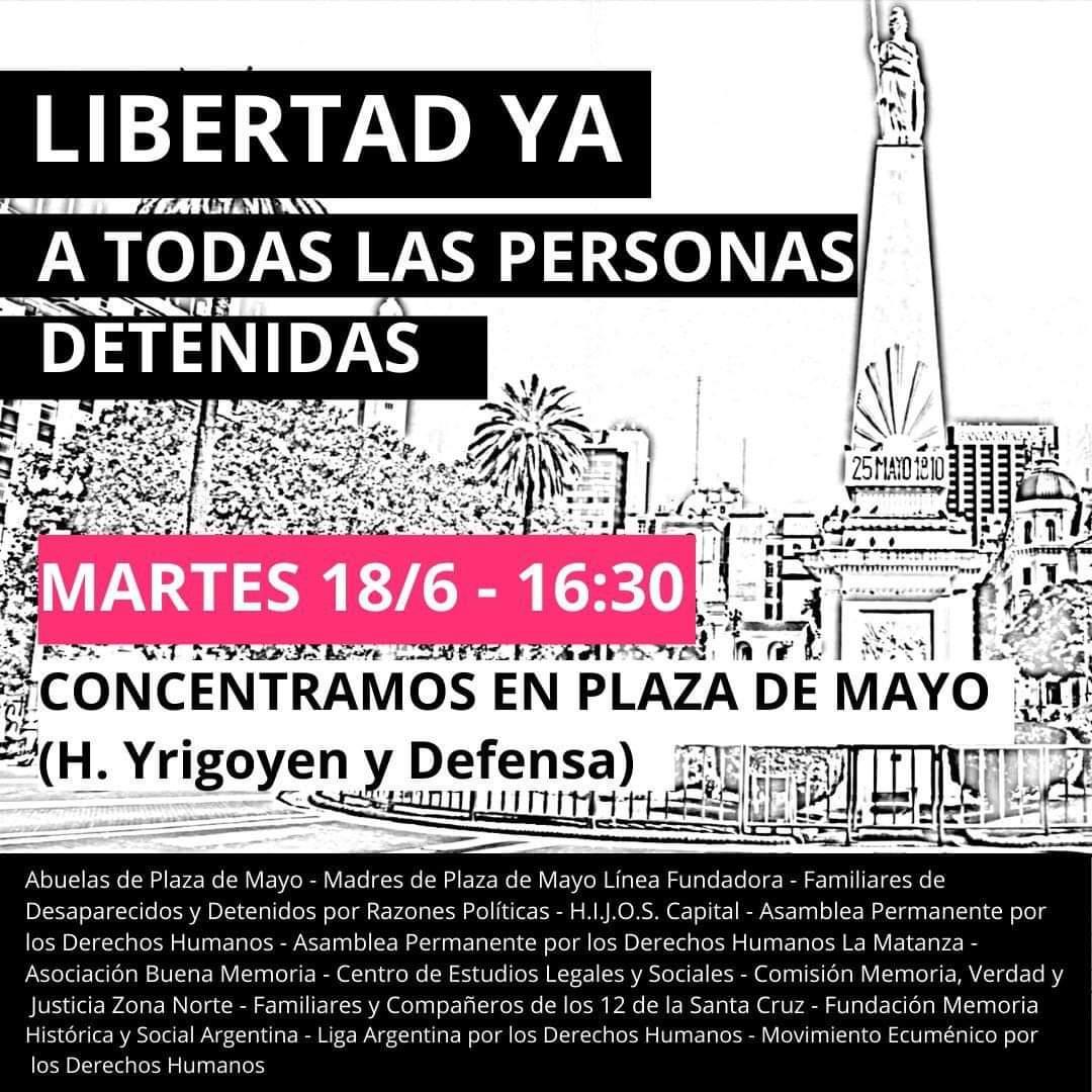 CafardoMiguel's tweet photo. Organismos de #DDDH realizarán este martes a las 16,30 una marcha en Plaza de Mayo para reclamar la liberación de los detenidos en la represión del 12 de Junio. https://t.co/DEGKRbyJvk
