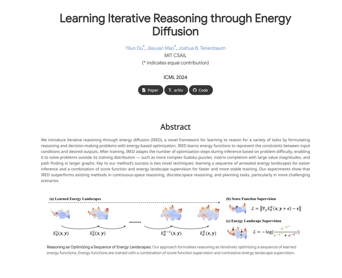 Learning Iterative Reasoning through Energy Diffusion

abs: arxiv.org/abs/2406.11179
project page: energy-based-model.github.io/ired/

"IRED learns energy functions to represent the constraints between input conditions and desired outputs. After training, IRED adapts the number of