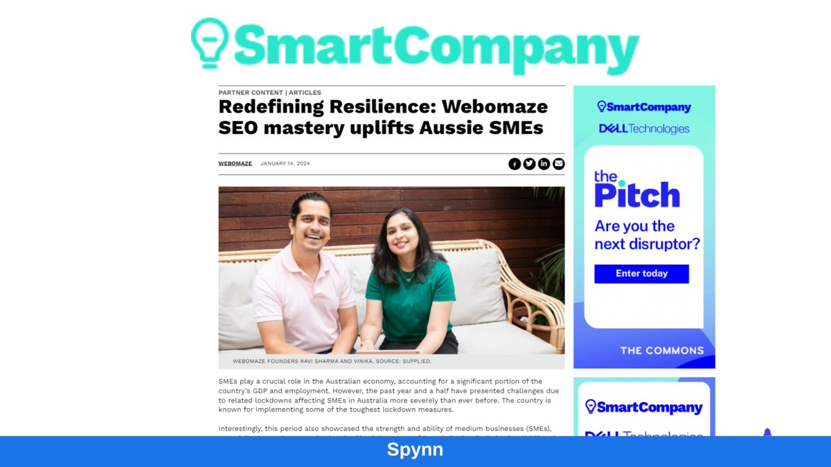spynn_co's tweet image. Webomaze&apos;s SEO success story is live on SmartCompany! 

With Spynn&apos;s expert PR services, your brand can achieve the same recognition. 🌟 

PM Us Today! 

#BusinessGrowth #SEOExperts #SpynnCo #PublicRelations