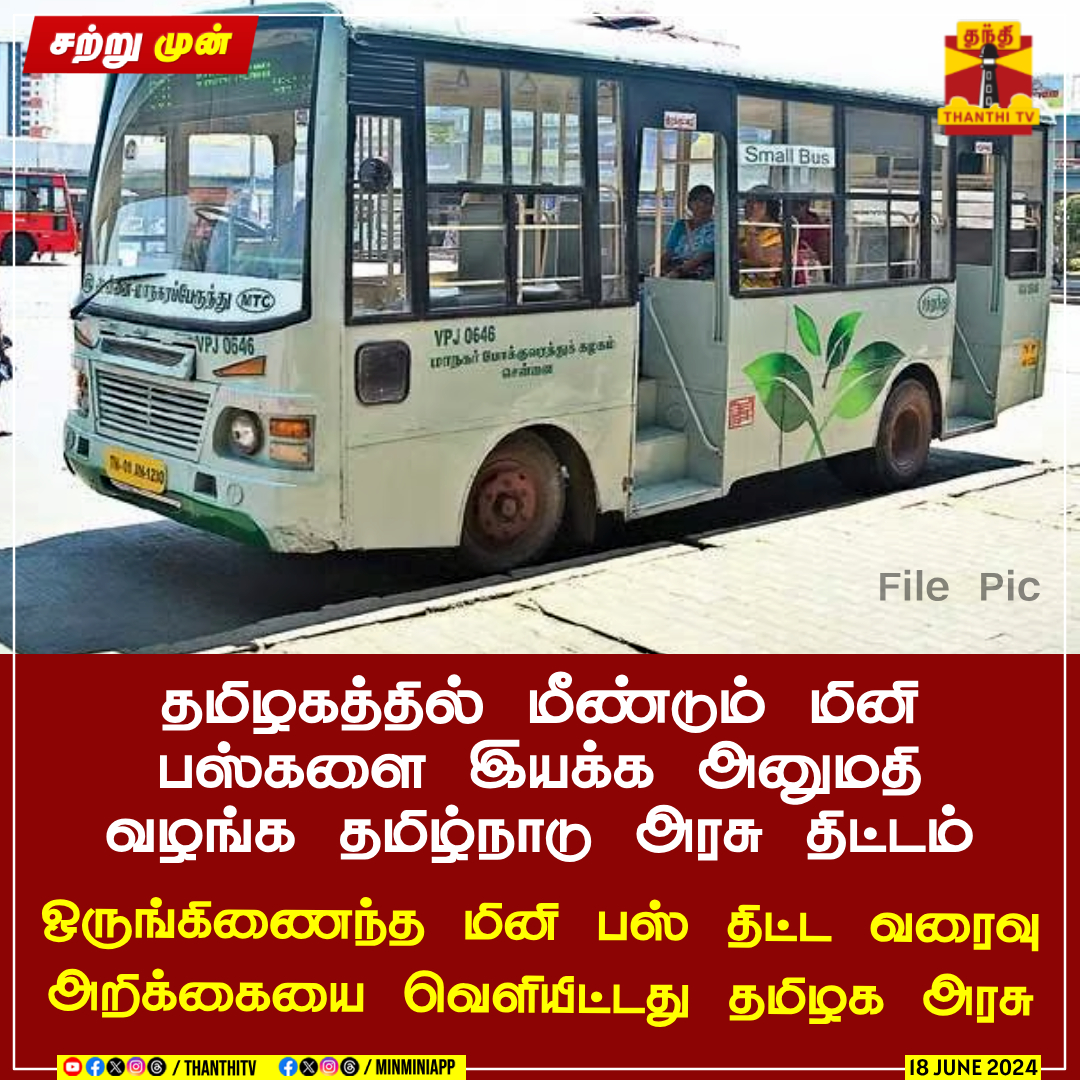 ThanthiTV's tweet image. #JUSTIN || தமிழகத்தில் மீண்டும் மினி பஸ்களை இயக்க அனுமதி வழங்க தமிழ்நாடு அரசு திட்டம்

ஒருங்கிணைந்த மினி பஸ் திட்ட வரைவு அறிக்கையை வெளியிட்டது தமிழக அரசு

#smallbus #tamilnadu #tngovt