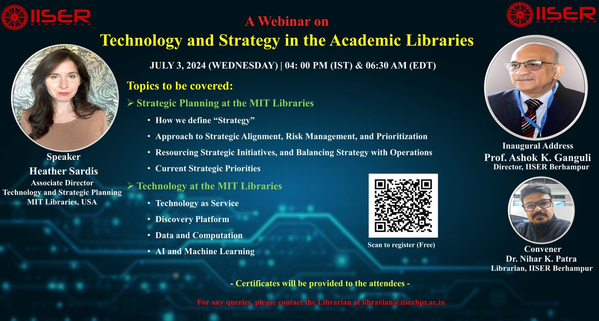 patranihar's tweet photo. Webinar on “𝐓𝐞𝐜𝐡𝐧𝐨𝐥𝐨𝐠𝐲 𝐚𝐧𝐝 𝐒𝐭𝐫𝐚𝐭𝐞𝐠𝐲 𝐢𝐧 𝐭𝐡𝐞 𝐀𝐜𝐚𝐝𝐞𝐦𝐢𝐜 𝐋𝐢𝐛𝐫𝐚𝐫𝐢𝐞𝐬” on 𝟑𝐫𝐝 𝐉𝐮𝐥𝐲 𝟐𝟎𝟐𝟒 (𝐖𝐞𝐝𝐧𝐞𝐬𝐝𝐚𝐲) at 04:00 PM (IST)
𝐒𝐩𝐞𝐚𝐤𝐞𝐫: Heather Sardis, Associate Director, Technology and Strategic Planning, MIT Libraries, USA https://t.co/9ODB3hsPGB