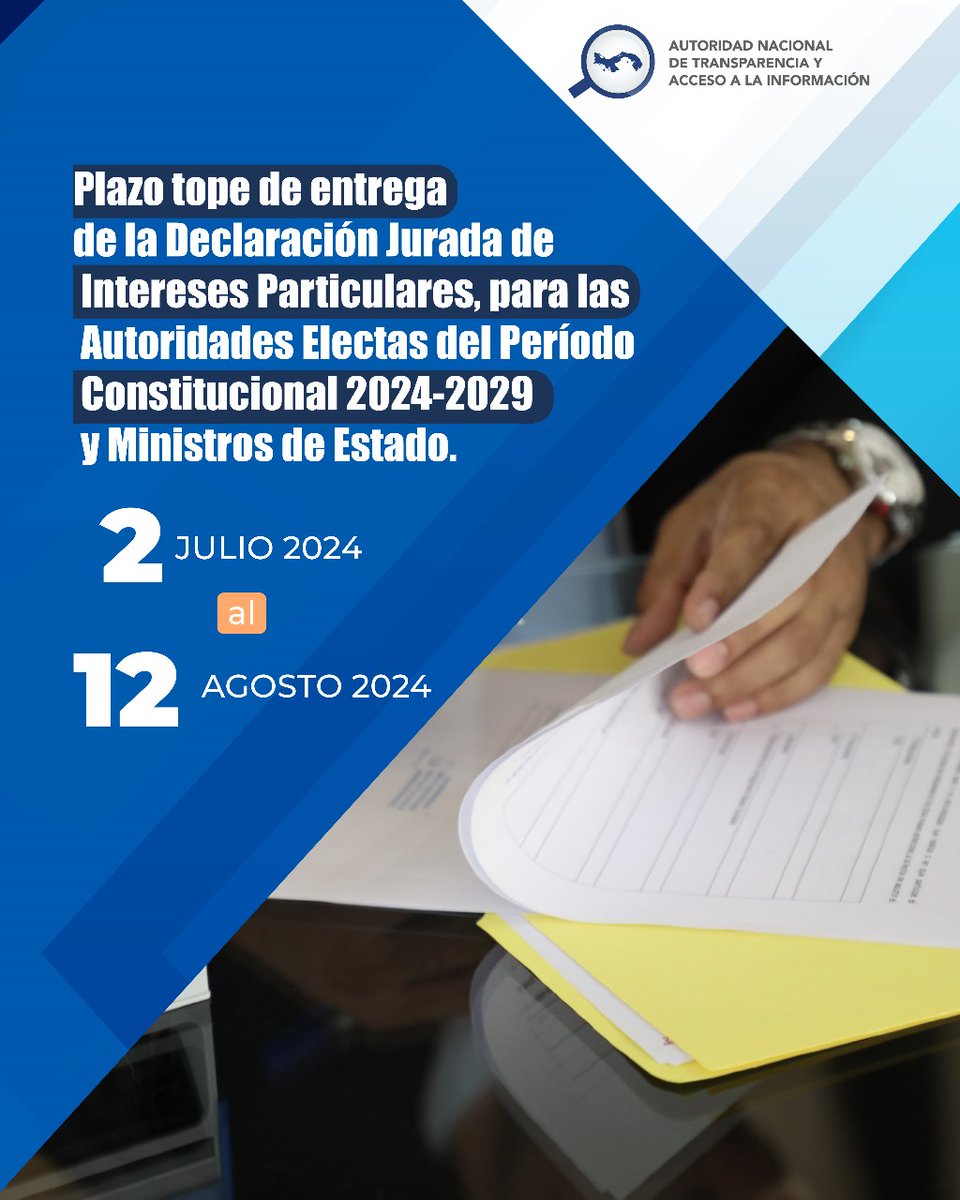 ¿Es usted alcalde, diputado o representante electo? 

Si lo es, por Ley está obligado a presentar su Declaración Jurada de Intereses Particulares, el periodo para presentarla es del 2 de julio hasta el 12 de agosto de 2024.

Descargue el Formulario aquí ⬇️
antai.gob.pa/formulario-uni…