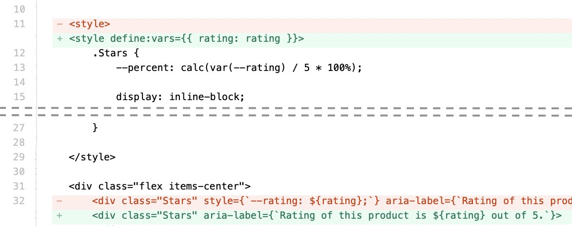 fms_martins's tweet photo. The way I have it, to fix the stars after the build it just needs to be used the define:vars to pass the rating value as a variable to the CSS styles. ✌️ https://t.co/UDMTsbejov