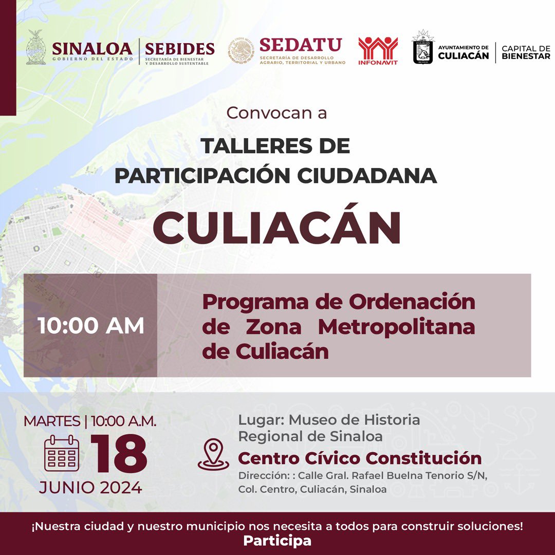 📣¡𝐀𝐧𝐭𝐞𝐧𝐜𝐢𝐨́𝐧 𝐂𝐮𝐥𝐢𝐚𝐜𝐚́𝐧!

A toda la población de #Culiacán les invitamos a participar en el taller de participación ciudadana denominado "Programa  de Ordenamiento de Zona Metropolitana de Culiacán".

𝐌𝐚𝐲𝐨𝐫 𝐢𝐧𝐟𝐨𝐫𝐦𝐚𝐜𝐢𝐨́𝐧 𝐞𝐧 𝐥𝐚 𝐢𝐦𝐚𝐠𝐞𝐧:⬇️