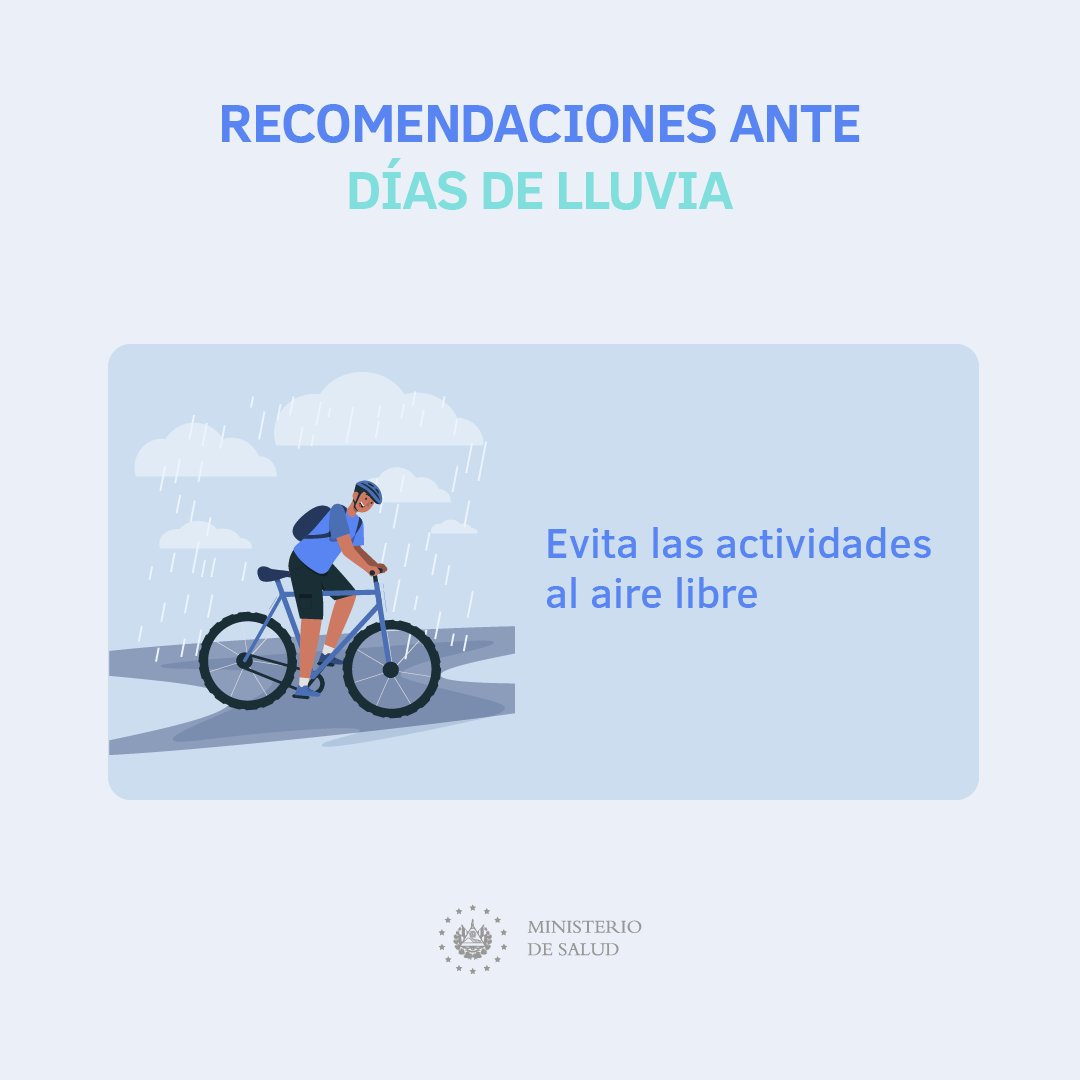 SaludSV's tweet photo. 🙅‍♂️¡No te expongas!

Mientras las lluvias persistan, evita salir de casa para realizar actividades no indispensables. En estos momentos tu salud es primero. https://t.co/ewoe77vhwf