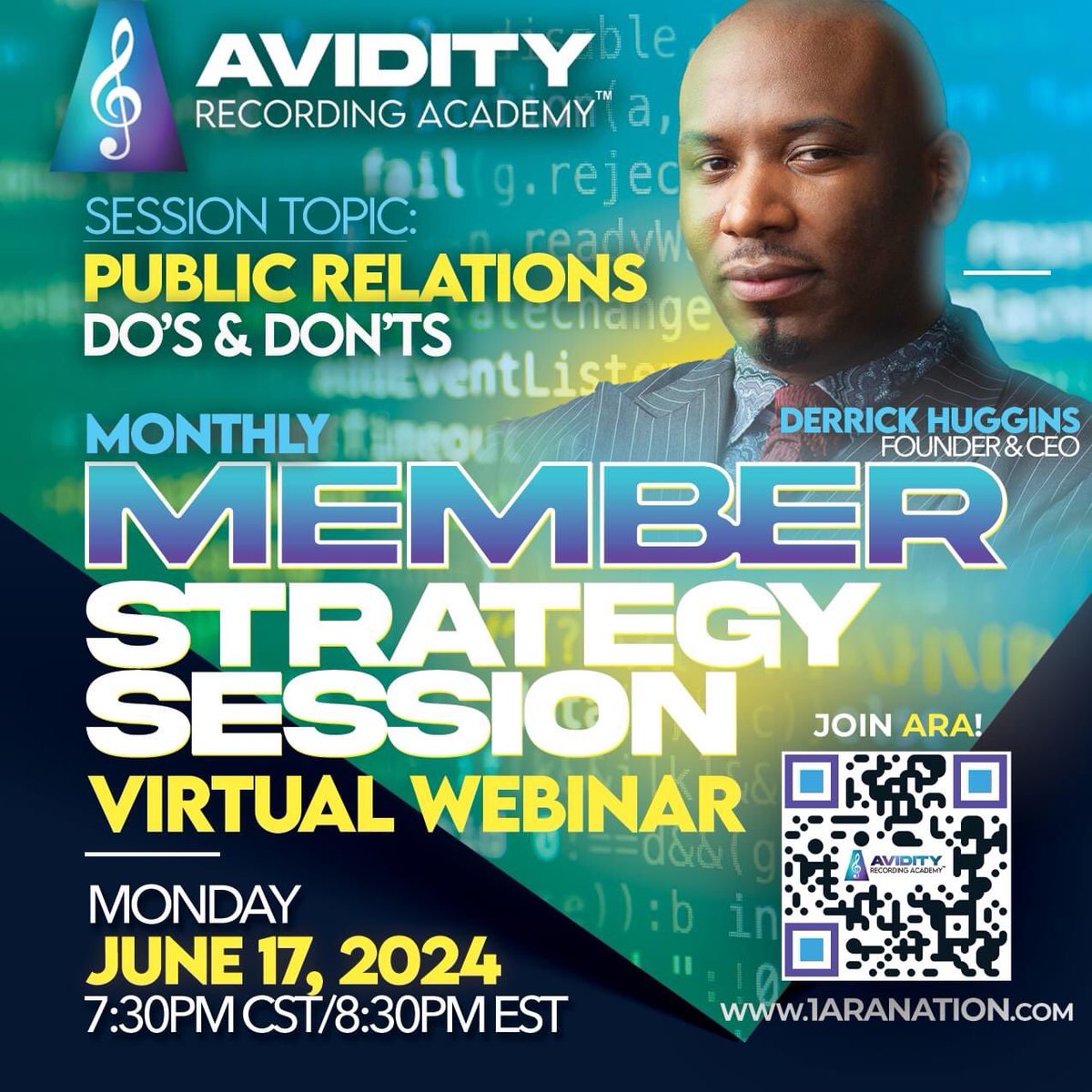 ATTENTION Avidity Recording Academy - @1ARANation Members!!! 

TONIGHT at 7:30pm CST/8:30pm EST, we’re convening our June 2024 Member Strategy Session via Zoom! 

Tonight’s Topic: “Public Relations Do’s &amp; Don’ts”

You do NOT want to miss this one! Check your email for access!
