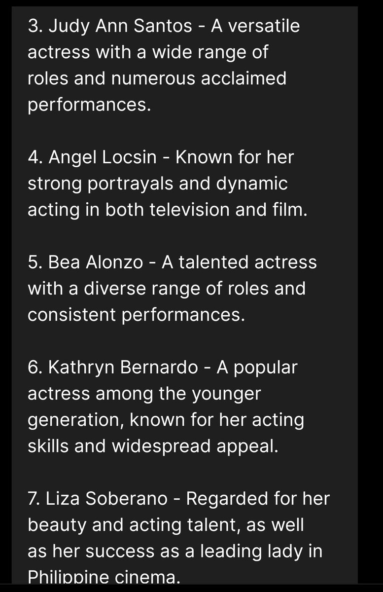 johnseenx's tweet photo. ChatGPT knows a thread about Female Celebs in PH
Top Actresses in the Philippines Today
1. Nora Aunor
2. Vilma Santos
3. Judy Ann Santos
4. Angel Locsin
5. Bea Alonzo
6. Kathryn Bernardo
7. Liza Soberano
8. Sarah Geronimo
9. Nadine Lustre
10. Maja Salvador
--- a thread--- https://t.co/VNi7G1Fv70