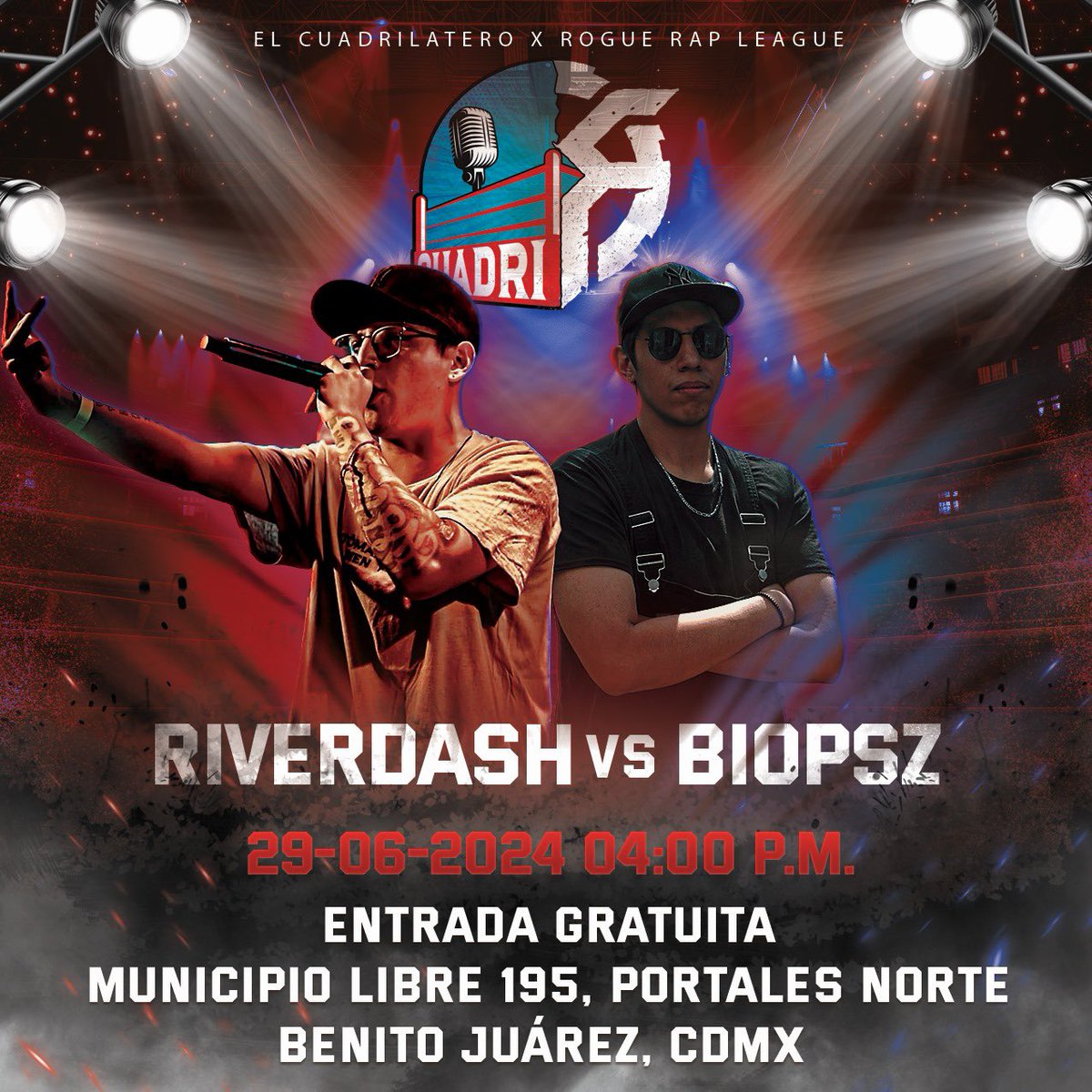 ElCuadrilatero2's tweet photo. 🚨Batalla Revelada🚨

🔴🔵El Cuadrilatero ❌ @RogueRapLeague 🟣⚫️
@Riverdashrs 🆚 @soybiopsz 
29-06-2024
Evento Gratuito
Municipio Libre 195, Portales Nte, Benito Juárez, 03303 Ciudad de México, CDMX https://t.co/YArI5BsdBo