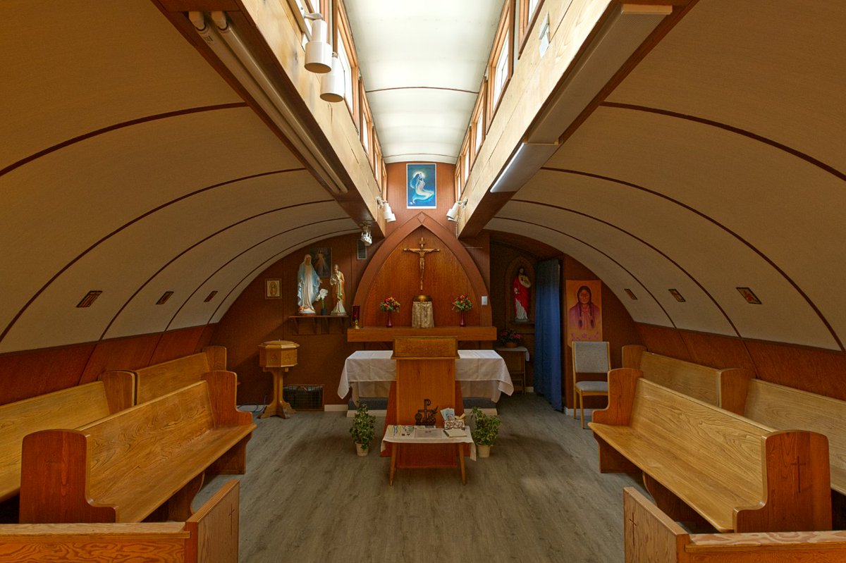 TweetsCoffman's tweet image. I've seen a LOT of church architecture in my career - but never anything remotely like this. It is, literally, a US Army Quonset hut, split in half and spread apart so a clerestory could be added for light.

Our Lady of the Way Catholic Church, Haines Junction, Yukon, 1954.