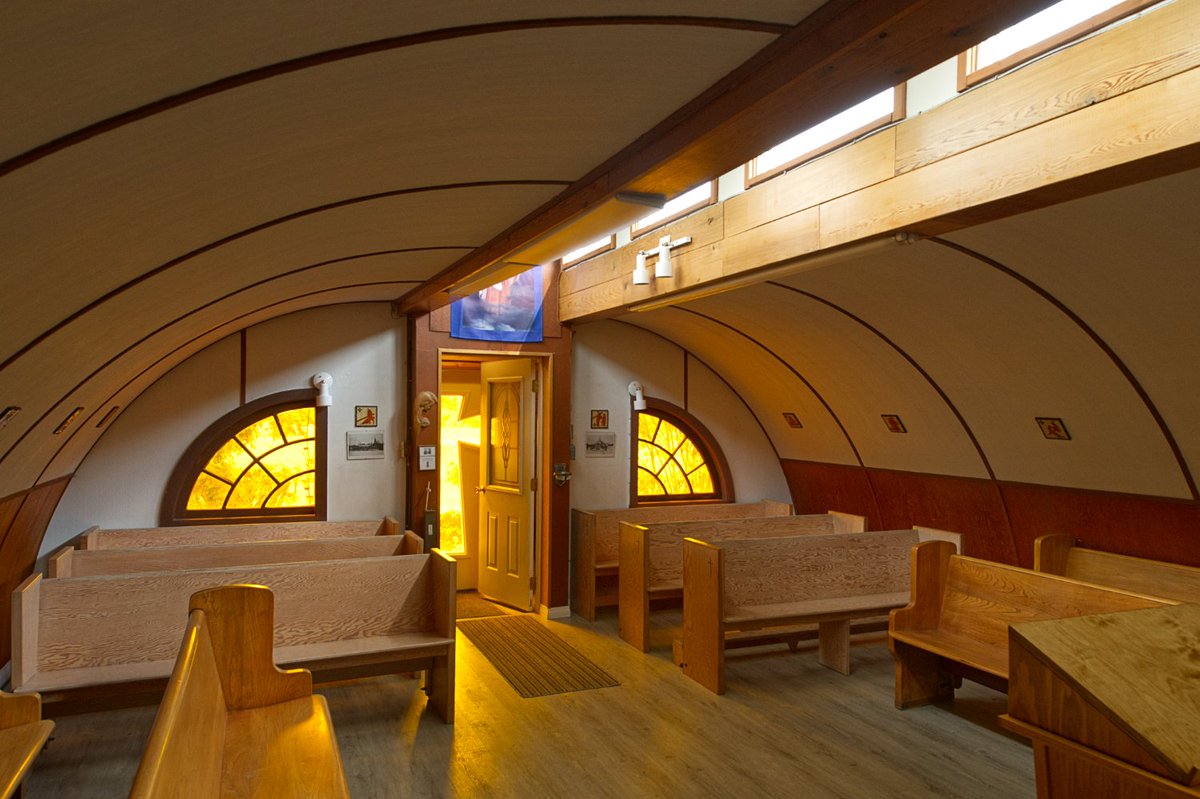 TweetsCoffman's tweet image. I've seen a LOT of church architecture in my career - but never anything remotely like this. It is, literally, a US Army Quonset hut, split in half and spread apart so a clerestory could be added for light.

Our Lady of the Way Catholic Church, Haines Junction, Yukon, 1954.