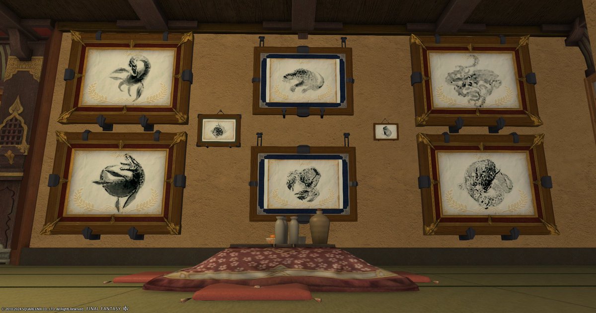 plachouka's tweet photo. （ほぼ）全てのオオヌシと伝説魚の水槽と魚拓を飾っています！ 
＋ヌシ釣り神社を追加しました
Meteor Belias シロガネ 1-38, 1-39
最寄りエーテライト[拡張街]シロガネ南西
 #FFXIV #FF14 #FF14ハウジング #FF14housing https://t.co/pE8QUUYp1b