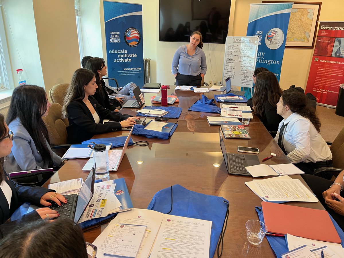 ANCA_DC's tweet photo. Advocacy training begins on the very first day! The Leo Sarkisian and Maral Melkonian Avetisyan interns spent their day learning what Hai Tahd advocacy looks like - from our continuing mission to the hurdles we face.
#LSI24 #ANCASummer #ANCAYouthEmpowerment https://t.co/TXoldC6be1