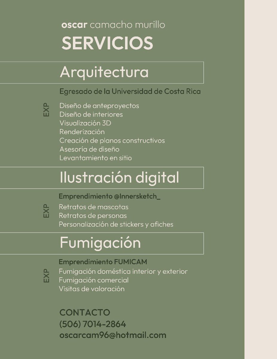 ¡Hola! Hoy la vida me movió el piso y me toca hacer mcgyversss. Les agradezco si pueden darle RT. Les adjunto mis servicios para cuando necesiten un arquitecto, un ilustrador o un fumigador. 

¡Gracias desde ya!