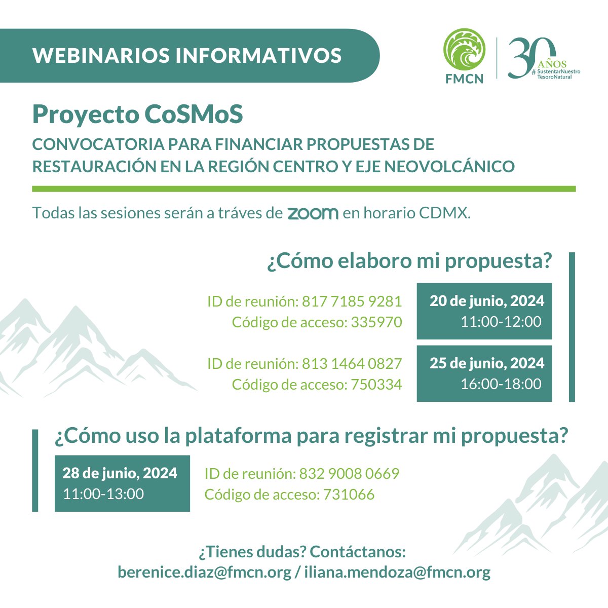 (1/5) ¿Te interesa participar en la convocatoria para financiar propuestas de restauración en la región centro y eje neovolcánico, del proyecto CoSMoS? 
Asiste a nuestras sesiones en Zoom para obtener toda la información que necesitas sobre cómo elaborar y registrar tu propuesta.