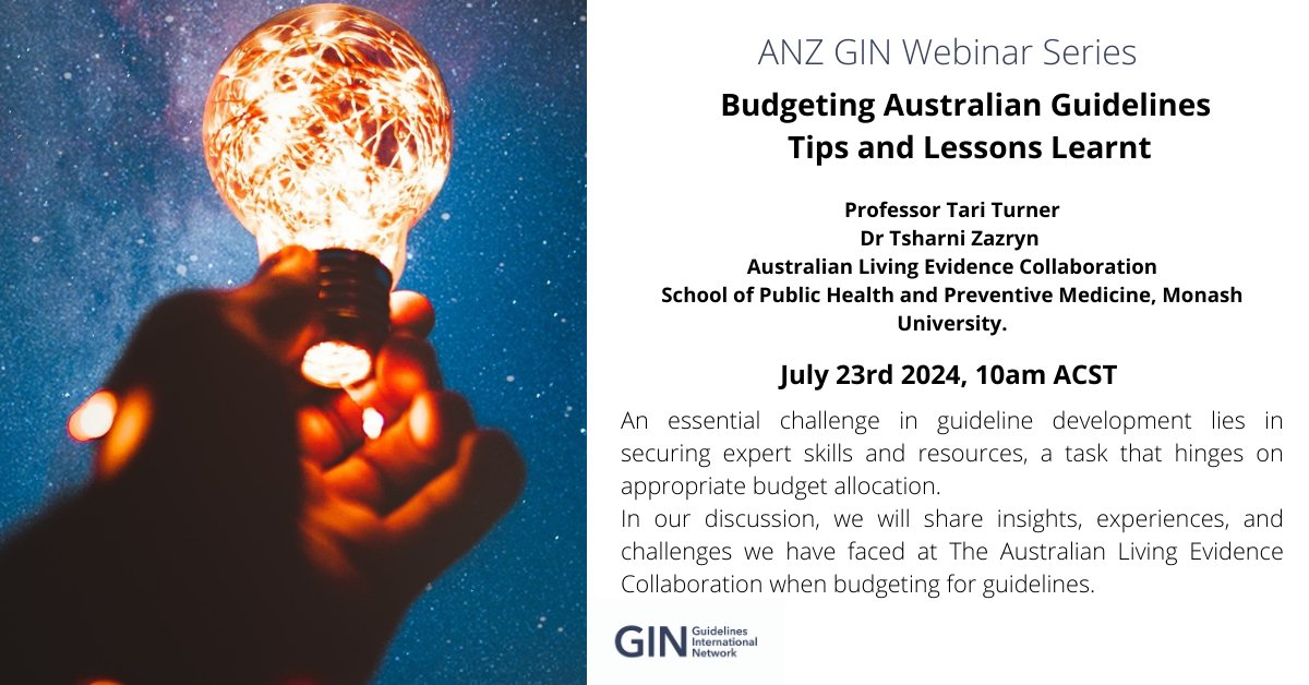 Our first webinar for the year, and it is a good one! Budgeting your guideline for appropriate funding and making sure we have enough to resource our guidelines! Join <a href="/Tari_Turner/">Tari Turner</a> <a href="/TsharniZazryn/">Tsharni Zazryn</a> from <a href="/evidence_aus/">Australian Living Evidence Collaboration</a> for this discussion. 
Register here: connect.g-i-n.net/events/666fe0d…