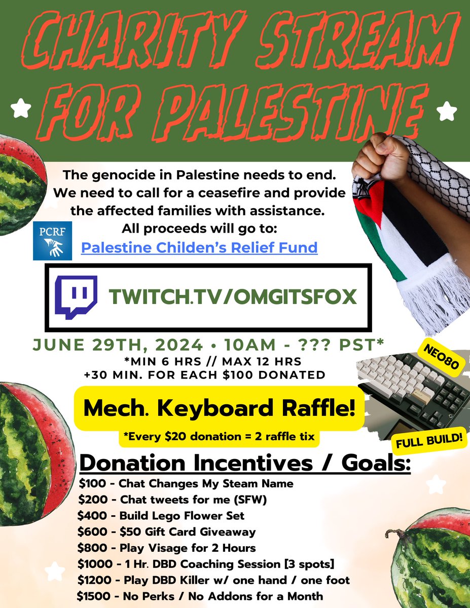 I’m hosting a charity stream on 06/29/24! I hope to see you all there for a great cause ❤️🇵🇸