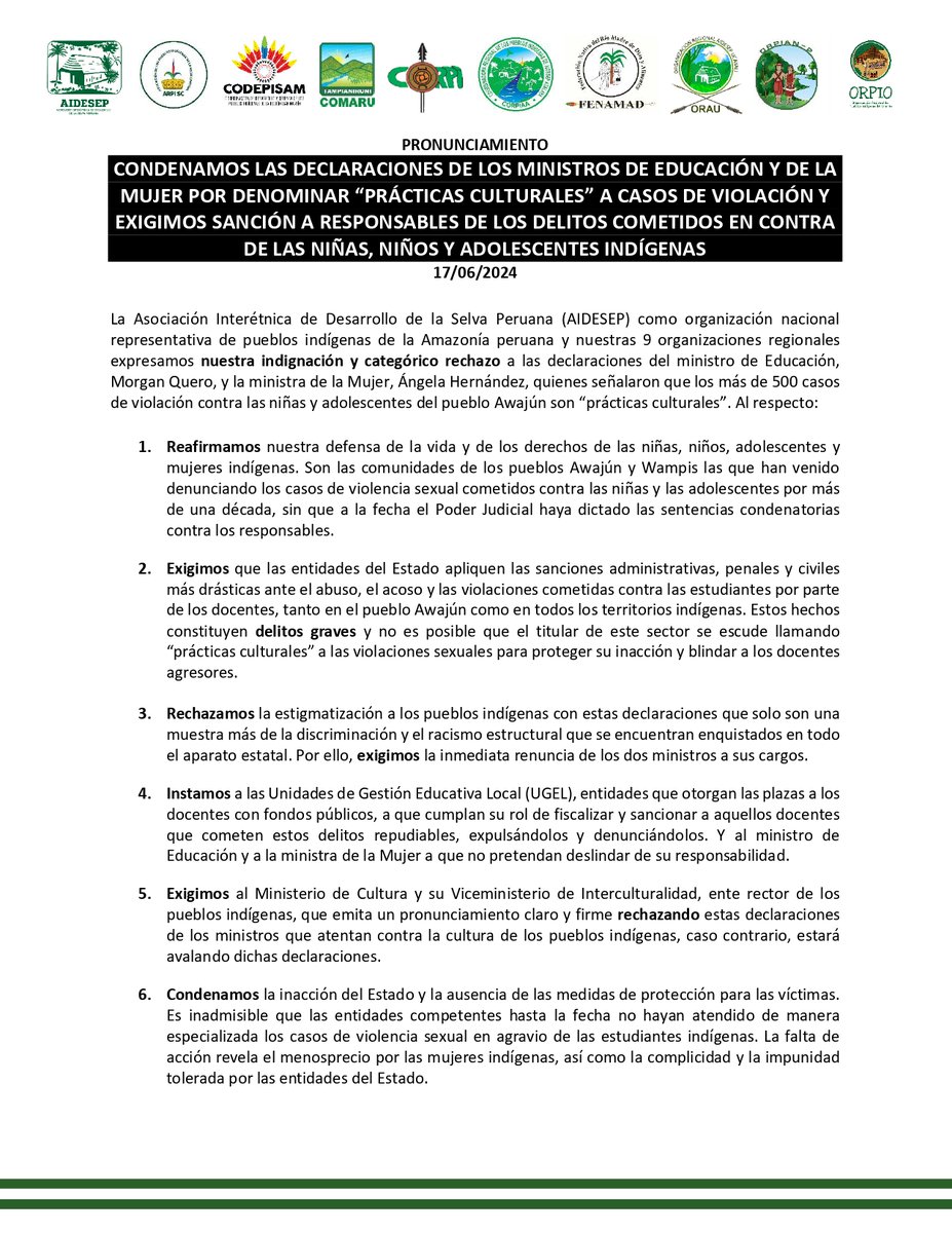 aidesep_org's tweet photo. AIDESEP y nuestras organizaciones regionales condenamos las declaraciones de los ministros de @MineduPeru y del @MimpPeru  sobre graves casos de violación y exigimos sanción a responsables de los delitos cometidos en contra de las niñas, niños y adolescentes indígenas. https://t.co/0vM8CVQtz8