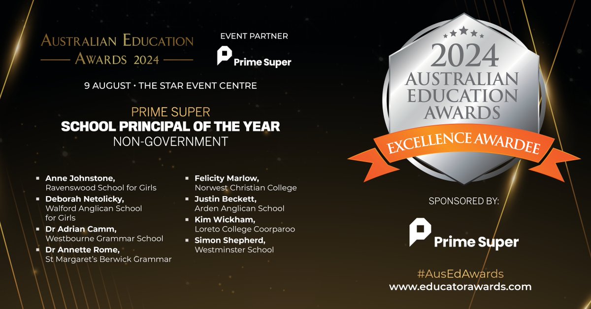 Congratulations to all the Excellence Awardees of the <a href="/PrimeSuper/">Prime Super</a> School Principal of the Year - Non-Government at the 2024 #AusEdAwards!

Winners will be announced on 9 August 2024 at The Star Event Centre.

Register: hubs.la/Q02B-XTj0

#Education #BestinEducation