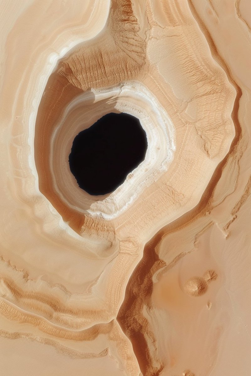 ciguleva's tweet image. &quot;This is a hole on Mars, recently photographed by the Mars Reconnaissance Orbiter. It&apos;s a pit crater that possibly opens into a larger cave that could provide a shelter for human astronauts... or for alien life. That&apos;d be very cool to explore 👀 --ar 2:3 --p --s 1000&quot;…