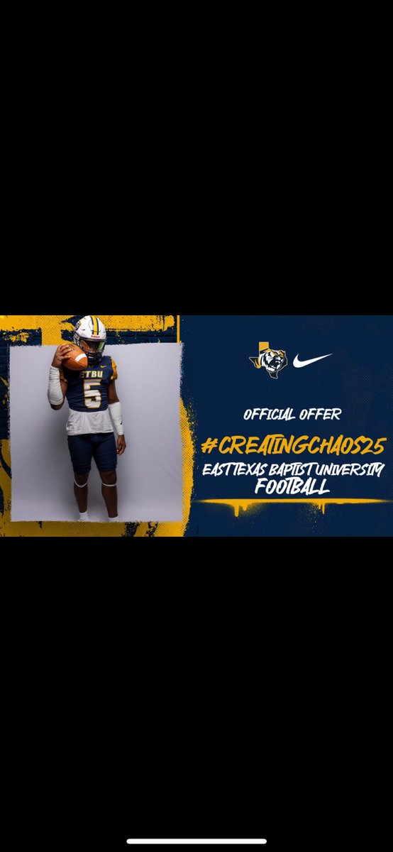 After a great conversation with coach <a href="/ETBUCoachWillis/">Coach Willis</a> I am proud to announce my first official offer from <a href="/ETBU_Football/">ETBU Football</a> ! Thank you to all the coaches that have helped me. <a href="/CoachWhitmire/">Coach Carlos Whitmire SR.</a> <a href="/YAthletesF/">Young Athletes Fitness</a> <a href="/TXTopTalent/">TX TOP TALENT</a> <a href="/dctf/">Dave Campbell's — TexasFootball.com</a> <a href="/CWAdkins75/">Coach Adkins</a> <a href="/ScottRapp17/">Scott Rapp</a> <a href="/CoachMCScott/">Mark Scott</a> <a href="/fivestarphenom/">FIVE STAR PHENOM , PHENOM RECRUITING RESOURCING .</a>