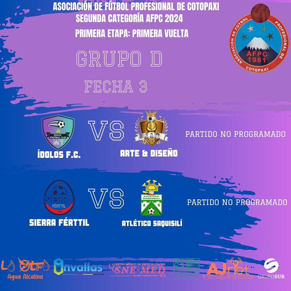AMYSPORT80's tweet image. PARTIDOS Y HORARIOS FECHA 3 del Campeonato de Segunda Categoría DE COTOPAXI AFPC 2024. ASCENSO ECUADOR. #AFPC #COTOPAXI #SEGUNDACATEGORIA