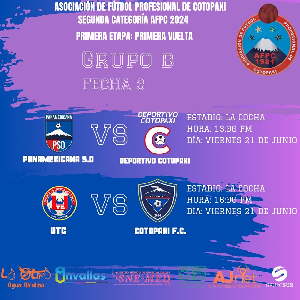 AMYSPORT80's tweet image. PARTIDOS Y HORARIOS FECHA 3 del Campeonato de Segunda Categoría DE COTOPAXI AFPC 2024. ASCENSO ECUADOR. #AFPC #COTOPAXI #SEGUNDACATEGORIA