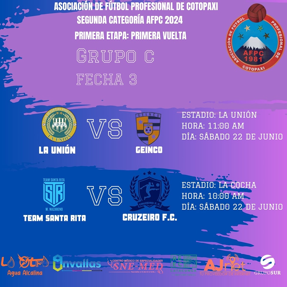 AMYSPORT80's tweet image. PARTIDOS Y HORARIOS FECHA 3 del Campeonato de Segunda Categoría DE COTOPAXI AFPC 2024. ASCENSO ECUADOR. #AFPC #COTOPAXI #SEGUNDACATEGORIA