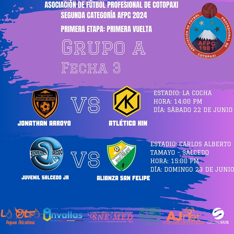 AMYSPORT80's tweet image. PARTIDOS Y HORARIOS FECHA 3 del Campeonato de Segunda Categoría DE COTOPAXI AFPC 2024. ASCENSO ECUADOR. #AFPC #COTOPAXI #SEGUNDACATEGORIA