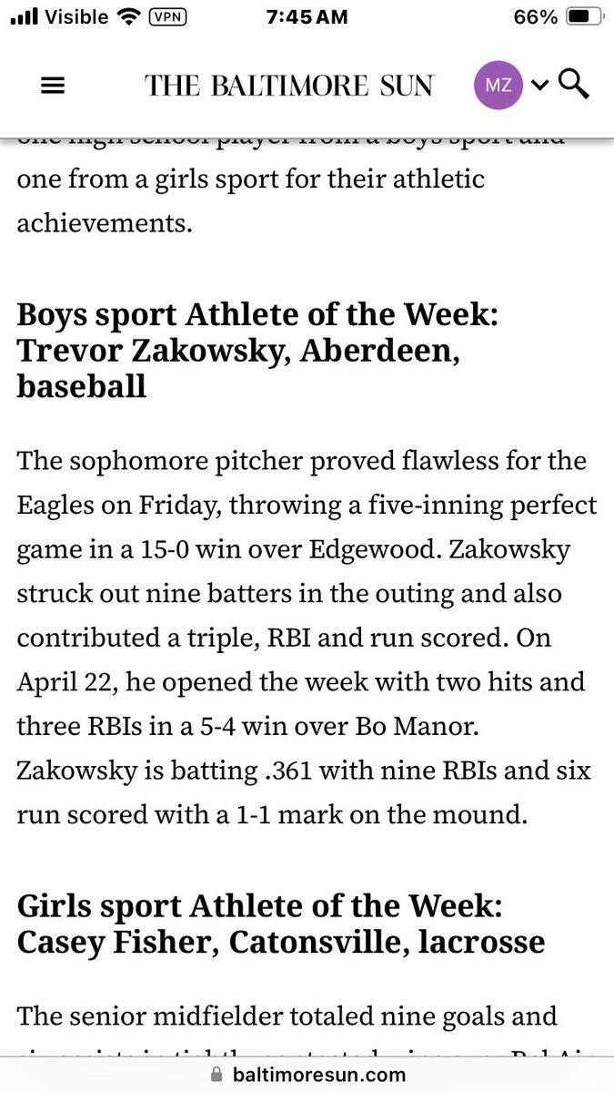 Here are some accolades from my sophomore Highschool season. I was first team All Confrence and was Baltimore Suns Male Student Athlete of the Week.

Stats: 
.358 BA
.443 OBP
1.009 OPS
.556 SLG %