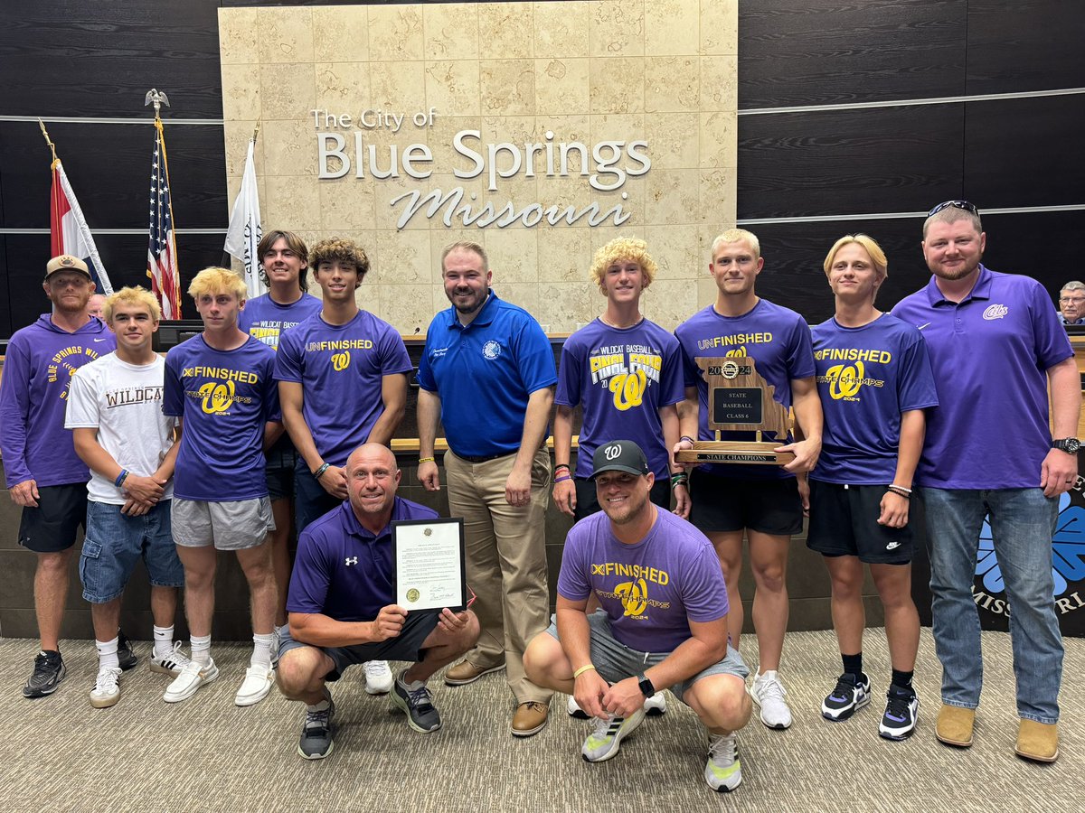 BshsWildcat's tweet image. June 17th, 2024 is officially “Blue Springs High School Wildcats Baseball Team” day in Blue Springs! Thanks to Mayor Lievsay and the Blue Springs City Council for honoring our boys today.