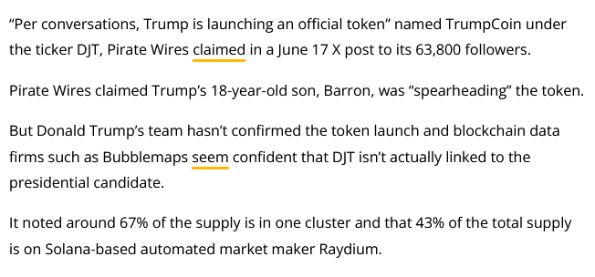 Cointelegraph's tweet photo. Donald Trump-linked MAGA (TRUMP) token dived 31% on rumors that @realDonaldTrump is behind a token under the ticker DJT on Solana. https://t.co/hJPQMm8jeA