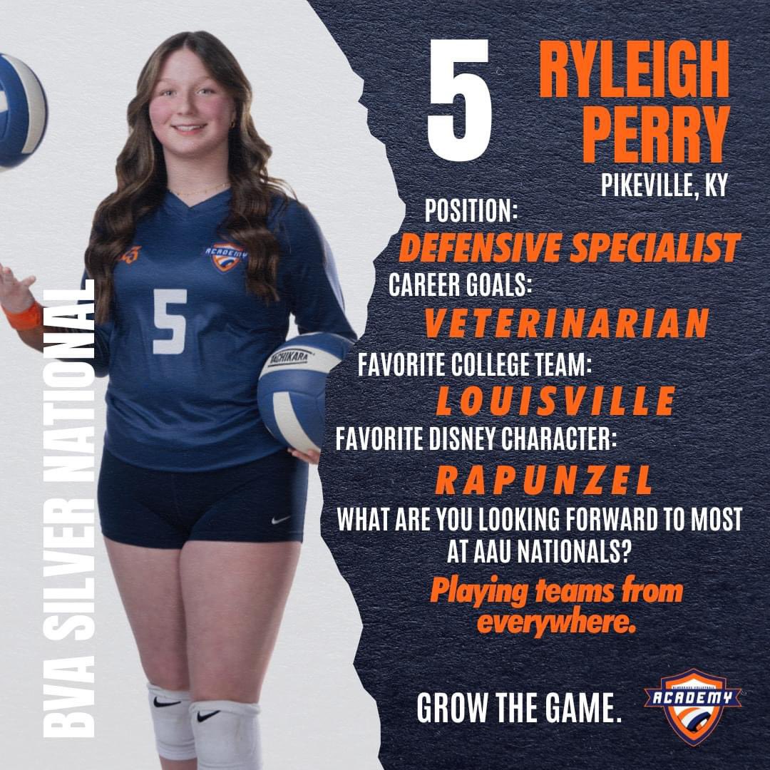 Meet Ryleigh Perry, a defensive specialist for BVA Silver N. RP's defensive prowess stops a lot of powerful hits and her positive mindset help make playing with her FUN! We can't wait to see Ryleigh show out at AAU Nationals in Orlando! Good luck, RP!

#GrowTheGame #TheBVAWay