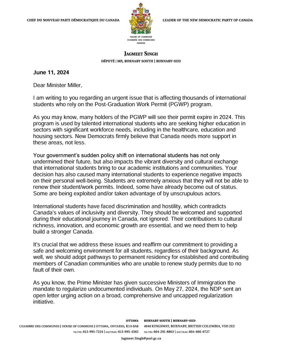 jassa_sengh's tweet photo. Update Re PGWPs expiring in 2024! @theJagmeetSingh, leader of @NDP wrote to honourable Minister of Immigration @MarcMillerVM expressing concerns regarding the immenent expiration of thousands of PGWPs in 2024-25, it's potential fallouts https://t.co/S9WEFprlqo