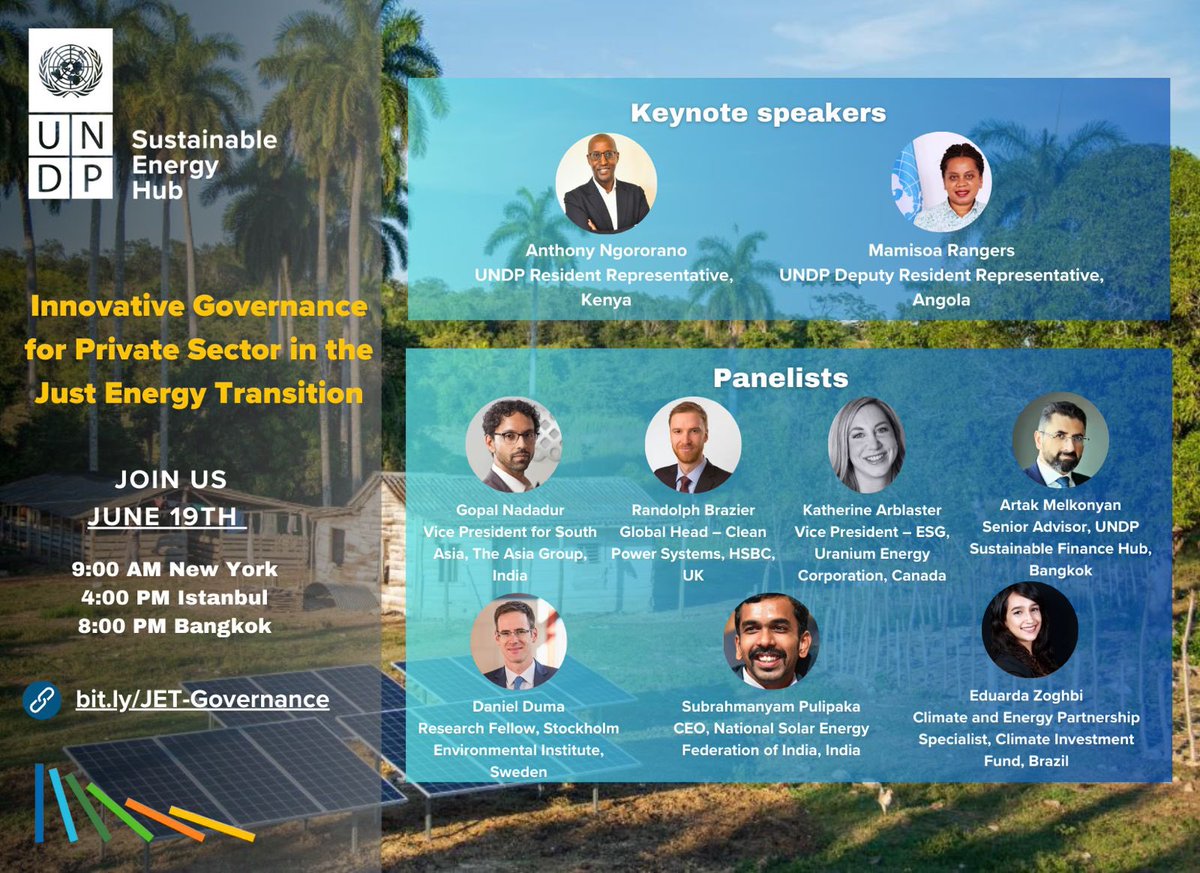 Piyush Verma (@dr_piyushverma) on Twitter photo Join us as we release a new policy paper from the <a href="/UNDPEnergyHub/">UNDP Sustainable Energy Hub</a> on innovating #energygovernance for private sector participation in #justenergytransition. 
Reserve your spot now: 
📅 Date: Wednesday, June 19
⏰ Time: 9:00 AM NY Time
🌐 Location: shorturl.at/2pPf3 Join us as we release a new policy paper from the <a href="/UNDPEnergyHub/">UNDP Sustainable Energy Hub</a> on innovating #energygovernance for private sector participation in #justenergytransition. 
Reserve your spot now: 
📅 Date: Wednesday, June 19
⏰ Time: 9:00 AM NY Time
🌐 Location: shorturl.at/2pPf3