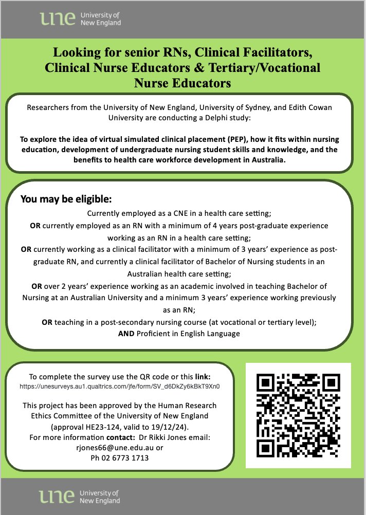 We are currently looking for experienced RNs, CNS, CNE, clinical facilitators, Nursing managers (NUMS) and Nursing academics to complete a survey exploring what skills we could incorporate into VS-PEP. For more information see image or email me on rjones66@une.edu.au