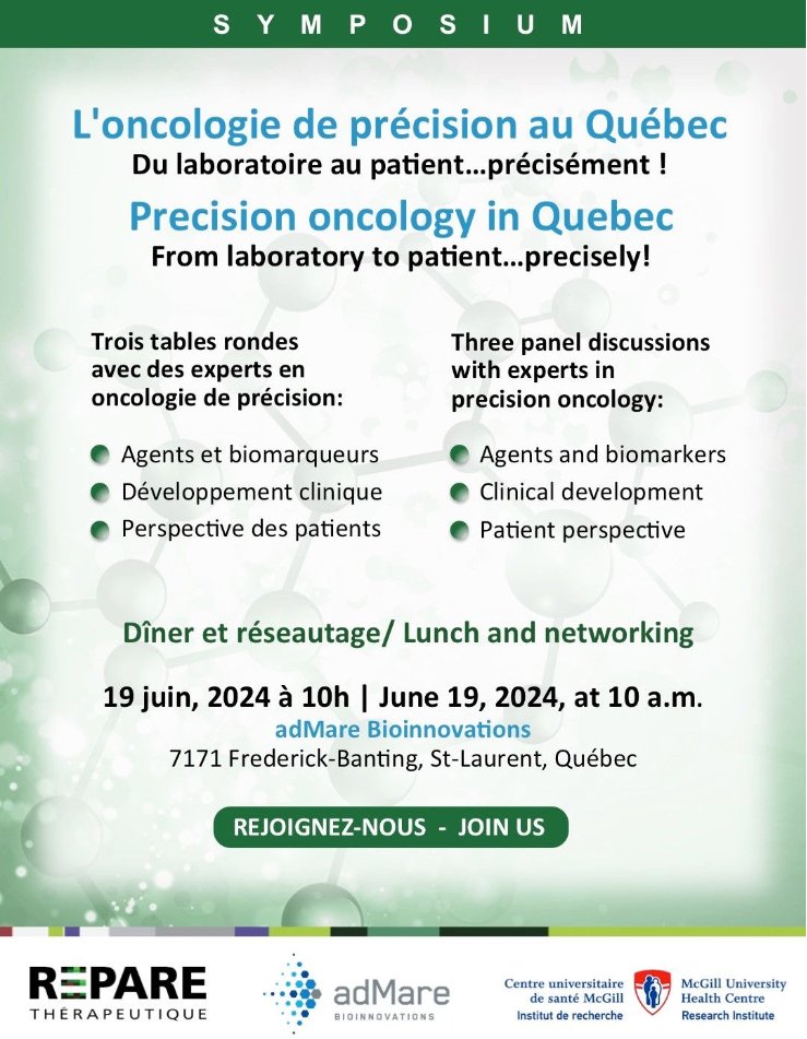 Repare Therapeutics (@reparerx) on Twitter photo Precision Oncology in Quebec - from laboratory to patient.....precisely!
<a href="/RepareRx/">Repare Therapeutics</a> is hosting a Precision Oncology Symposium tomorrow, June 19, from 10 a.m. to 1 p.m. at the <a href="/adMare_Bio/">adMare BioInnovations</a> Innovation Center in Montreal.
admarebio.com/fr/evenements-…
#precisiononcology #clinicaltrials Precision Oncology in Quebec - from laboratory to patient.....precisely!
<a href="/RepareRx/">Repare Therapeutics</a> is hosting a Precision Oncology Symposium tomorrow, June 19, from 10 a.m. to 1 p.m. at the <a href="/adMare_Bio/">adMare BioInnovations</a> Innovation Center in Montreal.
admarebio.com/fr/evenements-…
#precisiononcology #clinicaltrials
