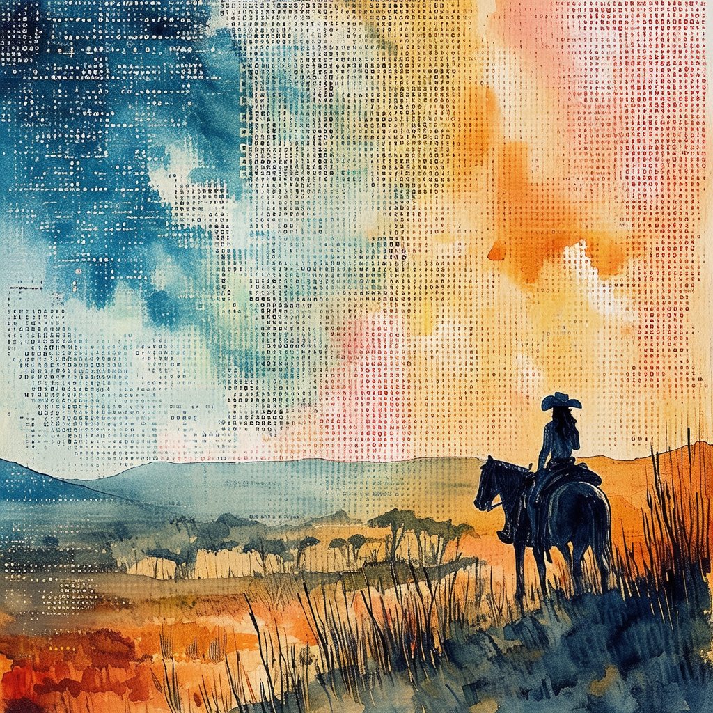 FreshCopy4_You's tweet photo. QT with your cowboy art. Tonight's blog: "Combining ASCII, Oil and Watercolors" https://t.co/jsJo21BDd9 #WowzerAI #AIArtwork #digitalart https://t.co/OwOBGr5Xzp