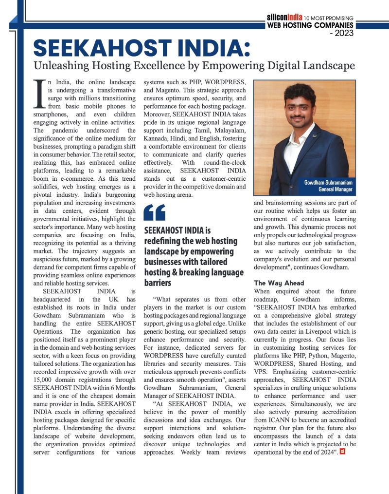 gowdhamofficial's tweet photo. Excited to share that I've been featured in Silicon India's Special Edition! 🌟

I had the incredible opportunity to discuss SeekaHost™ India's journey in unleashing hosting excellence and empowering the digital landscape.

#GowdhamSubramaniam #interview #WebHosting #SeekaHost https://t.co/zde76y6MEk