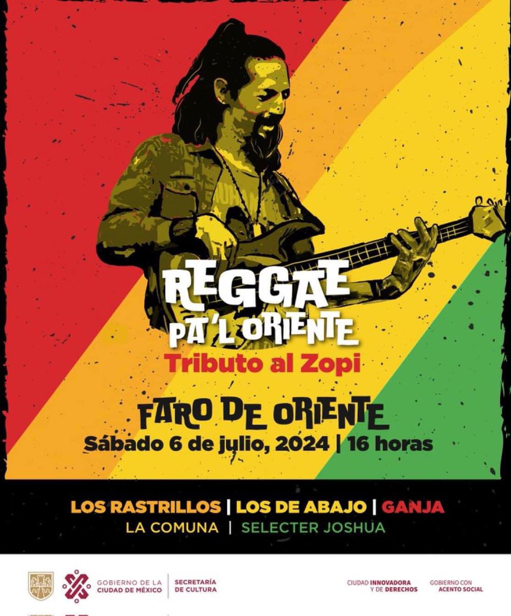 Reggaevolucion's tweet photo. sábado 6 de julio con cinco bandas icónicas del reggae: Los Rastrillos, donde fue miembro fundador, cantante y bajista, Los de Abajo, Ganja, La Comuna, Selecter Joshua, Dany Guzman y Jon Skanking.

A partir de las 16 horas | FARO de Oriente 

#EntradaLibre https://t.co/Ph3xHdix0E