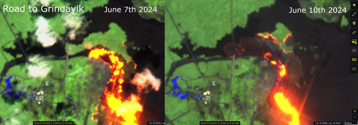 Recent reactivation of volcanic activity on Iceland has once again covered the road to Grindavik that has previously been re-established. False-colour image from a Sentinel 2 satellite.