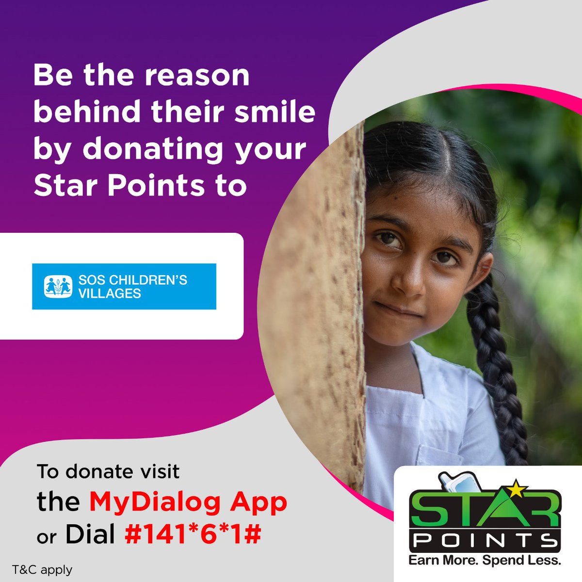 soscvsrilanka's tweet image. Donate Dialog Star Points to SOS Children&apos;s Villages before June 30th, 2024, becoming a sponsor for children without parental care in various locations.

Log into your MyDialog App or Dial #141*6*1# to Donate your Star Points today.
#StarPoints #Dailog #StarPoints #DonateNow