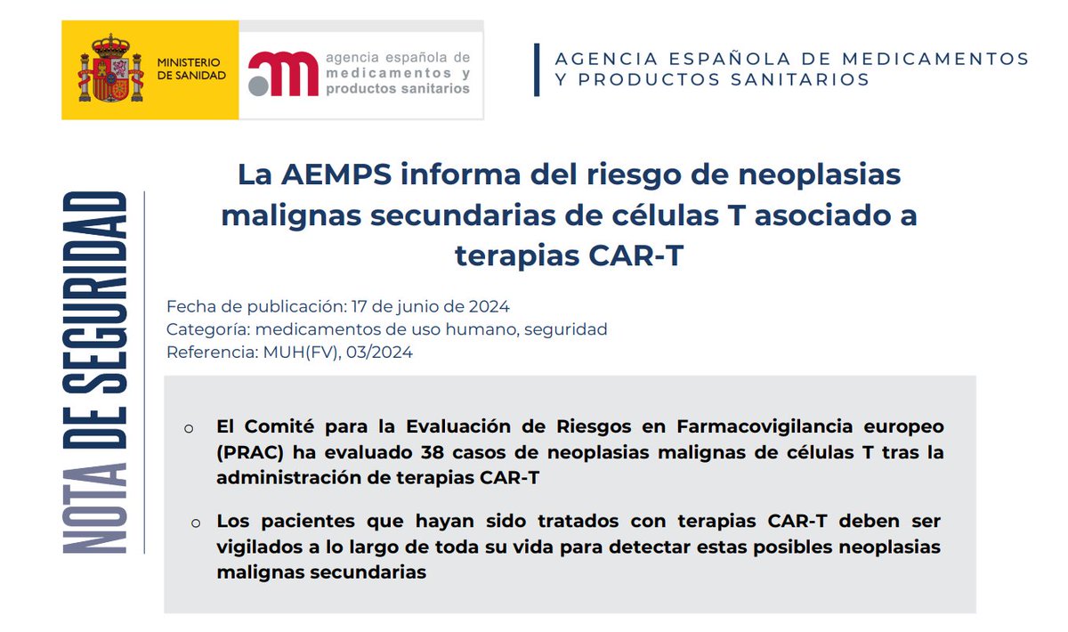 📌La <a href="/AEMPSGOB/">AEMPS</a> informa del riesgo de neoplasias malignas secundarias de células T asociado a terapias CAR-T

‼️Los pacientes que hayan sido tratados con terapias CAR-T deben ser vigilados a lo largo de toda su vida para detectar estas posibles neoplasias malignas secundarias