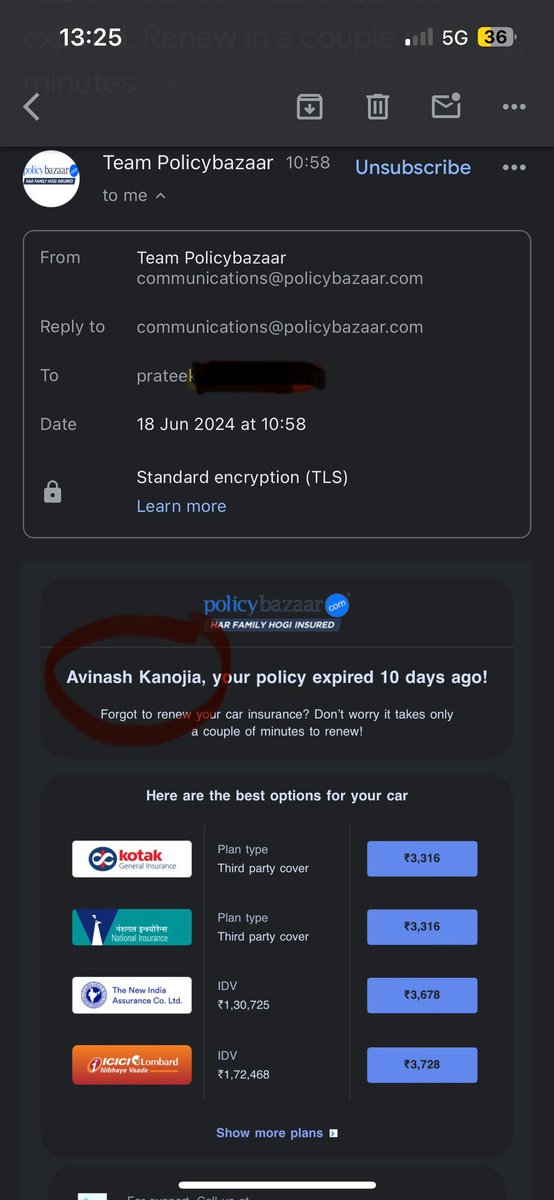 prateekj18's tweet photo. Team @policybazaar , i had raised this issue yesterday also with your team. I have been receiving emails from you targeted to another person on my id. This is not relevant and it seems you have errors in your database. 
Pls get this fixed immediately. https://t.co/YHe33s5nK1
